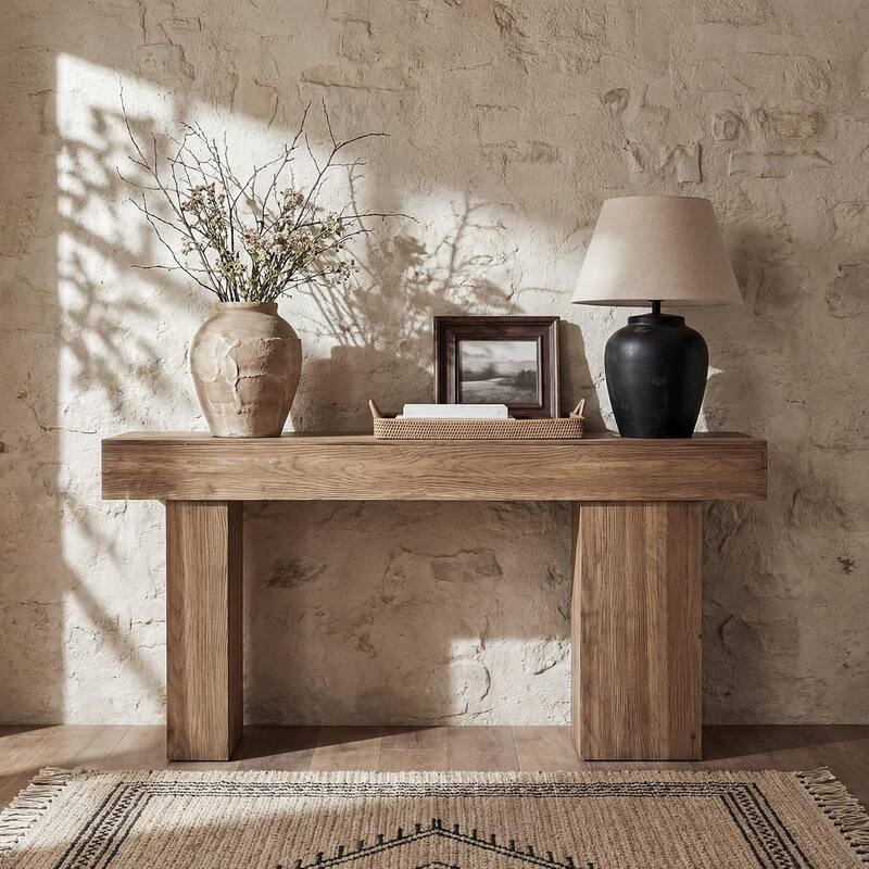 63-Inch Solid Wood Console Table, Sofa Table Behind Couch with Artistic Legs for Entryway, Rustic Brown