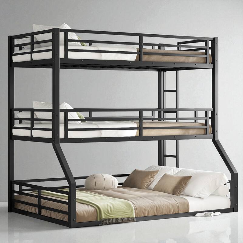 Metal Triple Bunk Bed Twin over Twin over Full with Safety Guardrails, Noise-Free Frame, Heavy-Duty Design - Black - Full