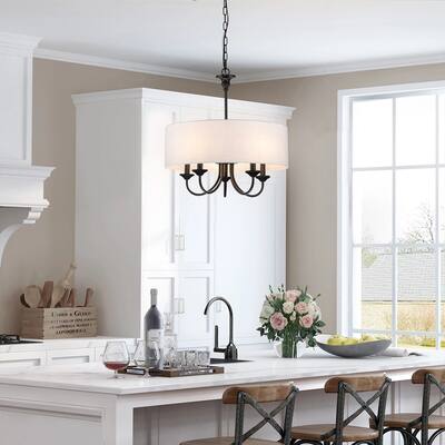 5-Light Farmhouse Rustic White Fabric Drum Chandelier for Living/Dining Room - 19.69 in. W x 21.65 in. H