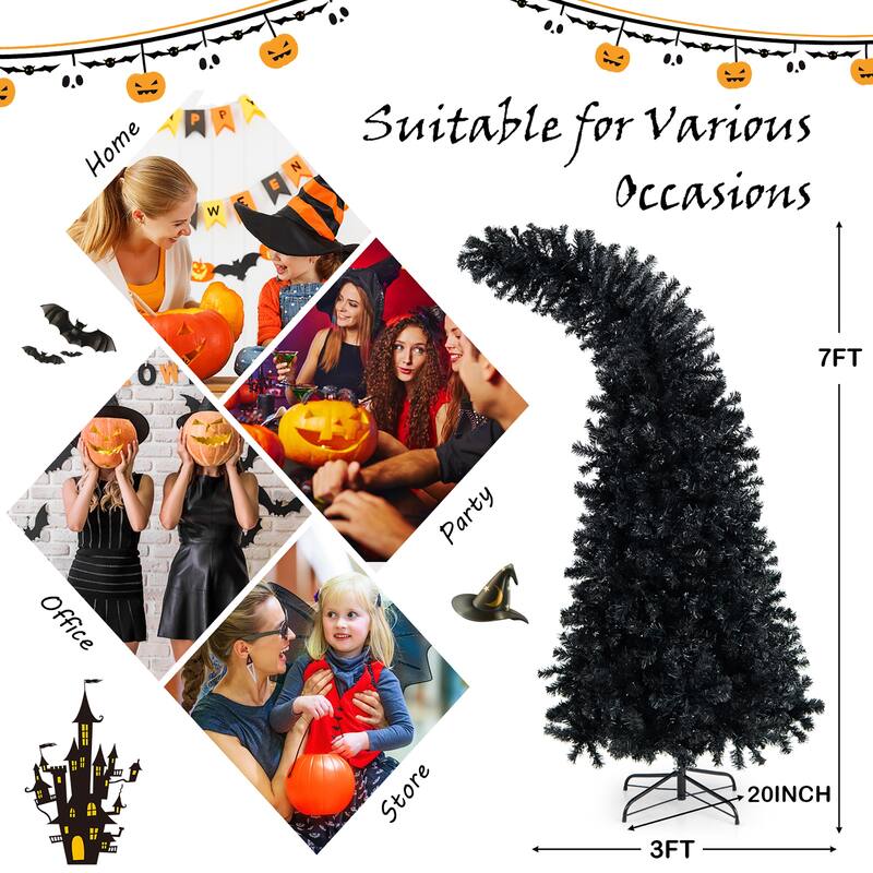 7FT Pre-Lit Black Halloween Tree 8 Flash Modes w/Purple &Orange Lights