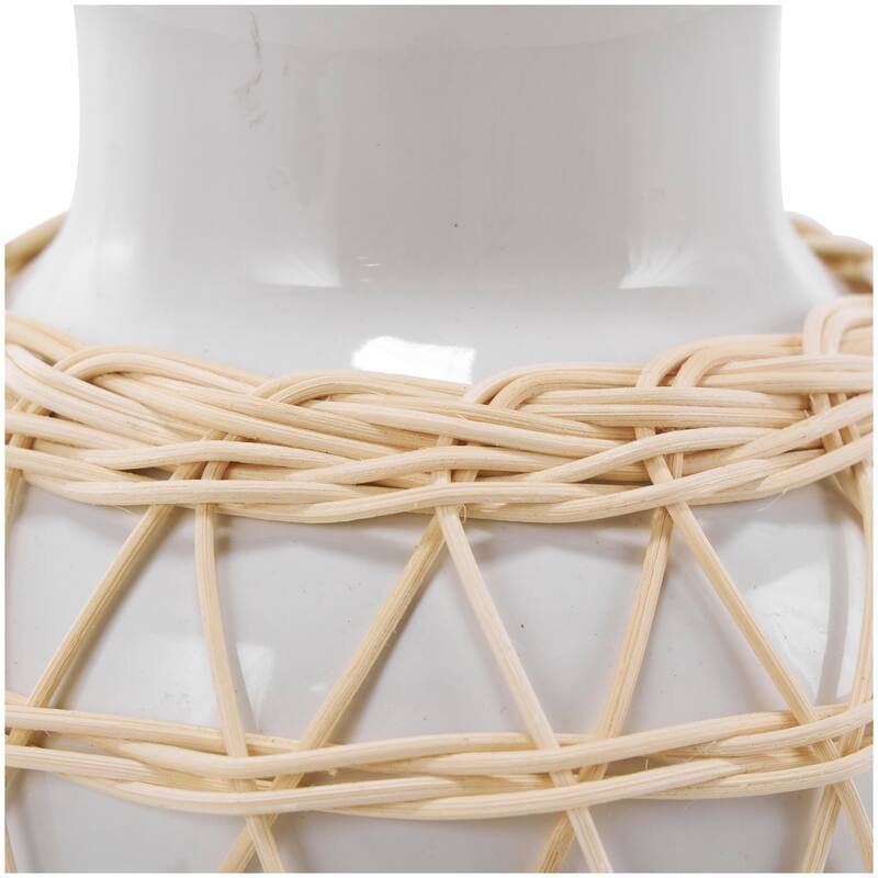 White Ceramic Vase with Woven Rattan Exterior - 7"W, 14"H