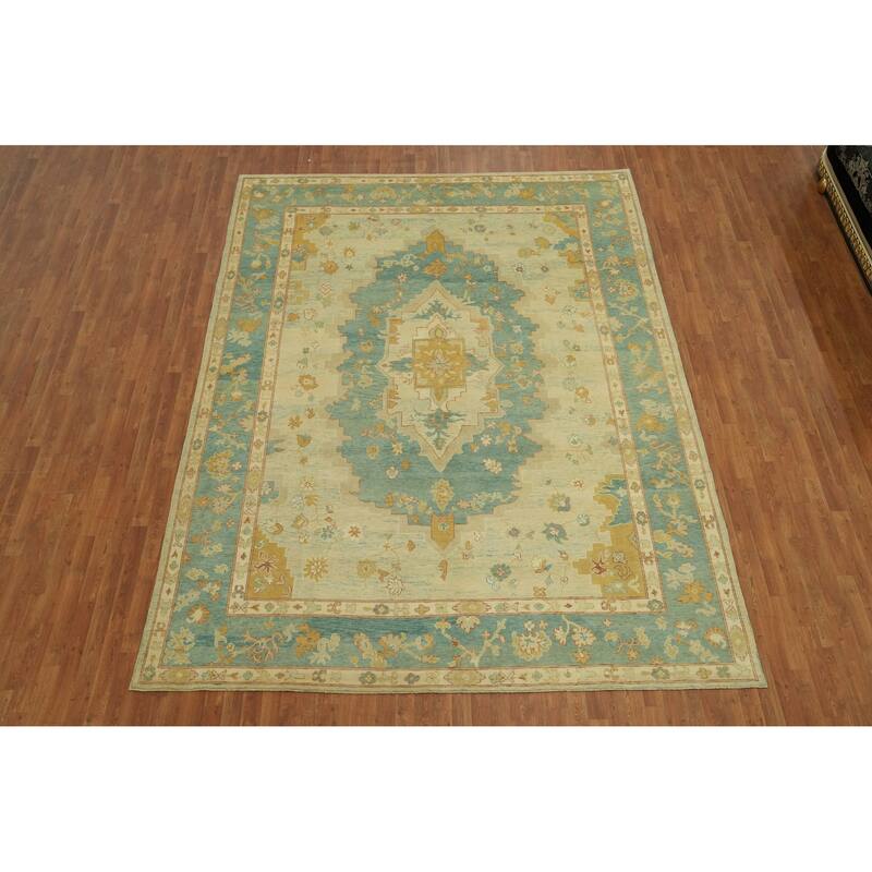 Vegetable Dye Blue Oushak Turkish Area Rug, Floral Geometric Carpet - 11' 10'' X 9' 0''
