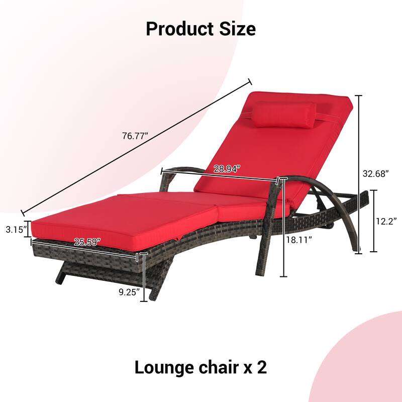 Outdoor Wicker Long Reclining Chair Set of 2, Wicker Reclining Lounge Chair Lawn Sunbathing Chairs for Beach Poolside Garden