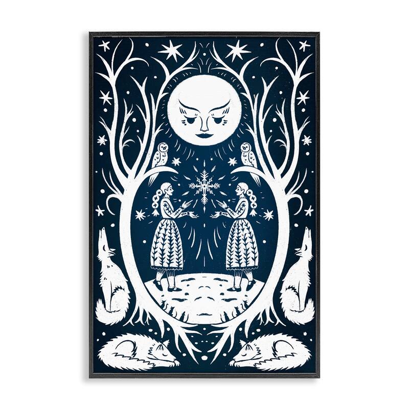 Stupell Woodland Folk Girls with Moon Framed Giclee Art Design By Hannah Moren - 20 x 30 - Black