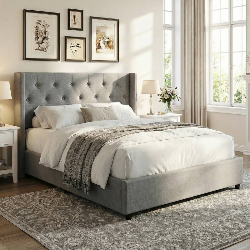 Gymax Queen Size Lift-up Storage Bed w/Tufted Wingback Headboard