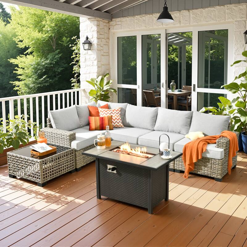 OVIOS 7 Pieces T shaped Seat Wide Armrest Set With Solar-Powered Coffee Table&Fire Pit - LightGrey