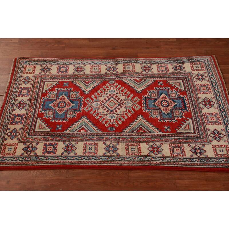 Geometric Kazak Foyer Rug Hand-Knotted Red Wool Carpet - 2'8"x 3'10"
