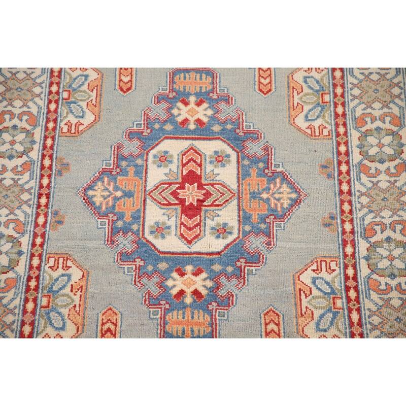 Geometric Kazak Oriental Accent Rug Hand-Knotted Blue Wool Carpet - 3'5"x 4'10"
