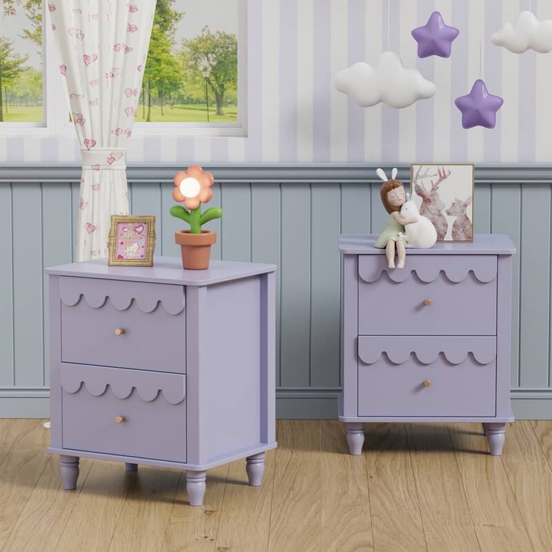 2 Drawers Nightstand Curved Design Cloud Bedside Table - 2PCS-Purple