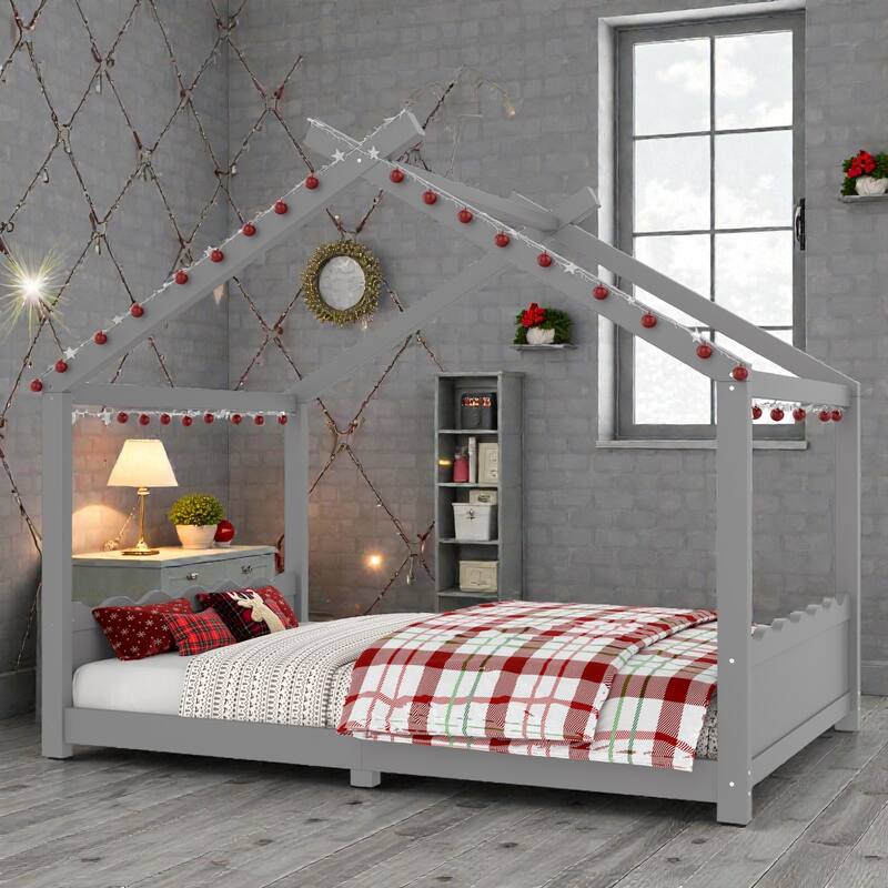 Kids Solid Wood House Floor Bed with Support Slats, Montessori Low Profile Bed, No Box Spring Needed