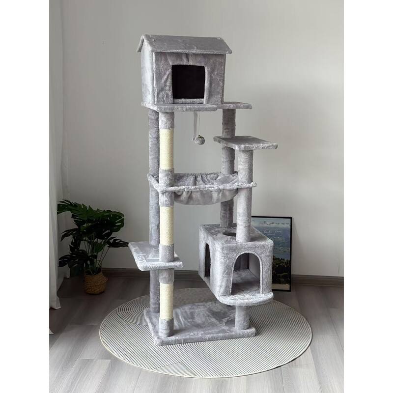 63 Inches Multi-Level Large Cat Tree Features 5 Levels - Light Gray