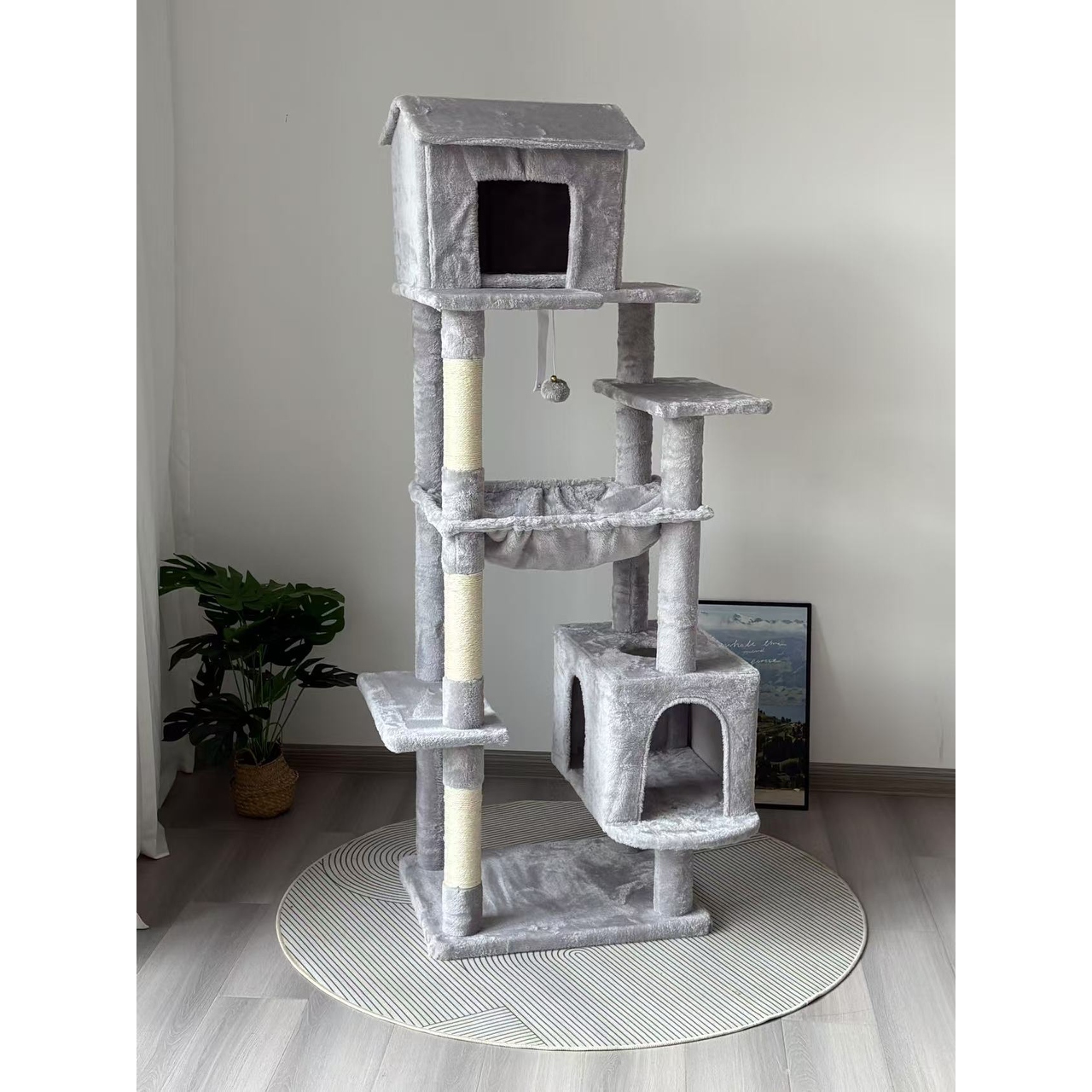 64 in Cat Tree with Unique Cat House, Hammock, Scratching Posts, Plush Cat Tower for Indoor Cats for Multiple Cats