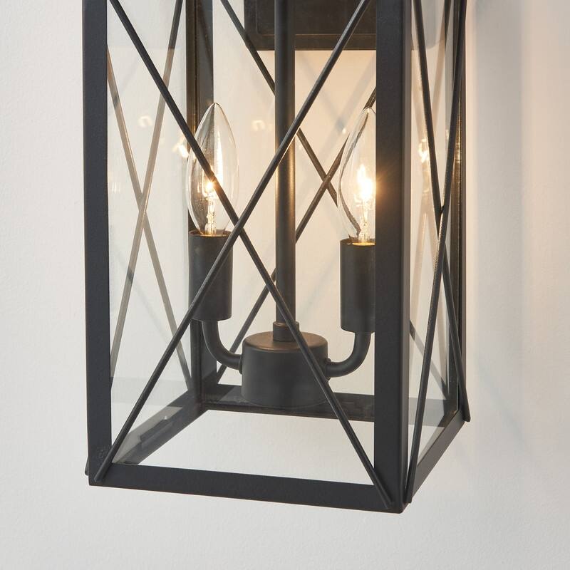 KAWOTI 2-Light Black Lantern Outdoor Sconce with Clear Glass Shade - W8.125" * H19.5" * E9"