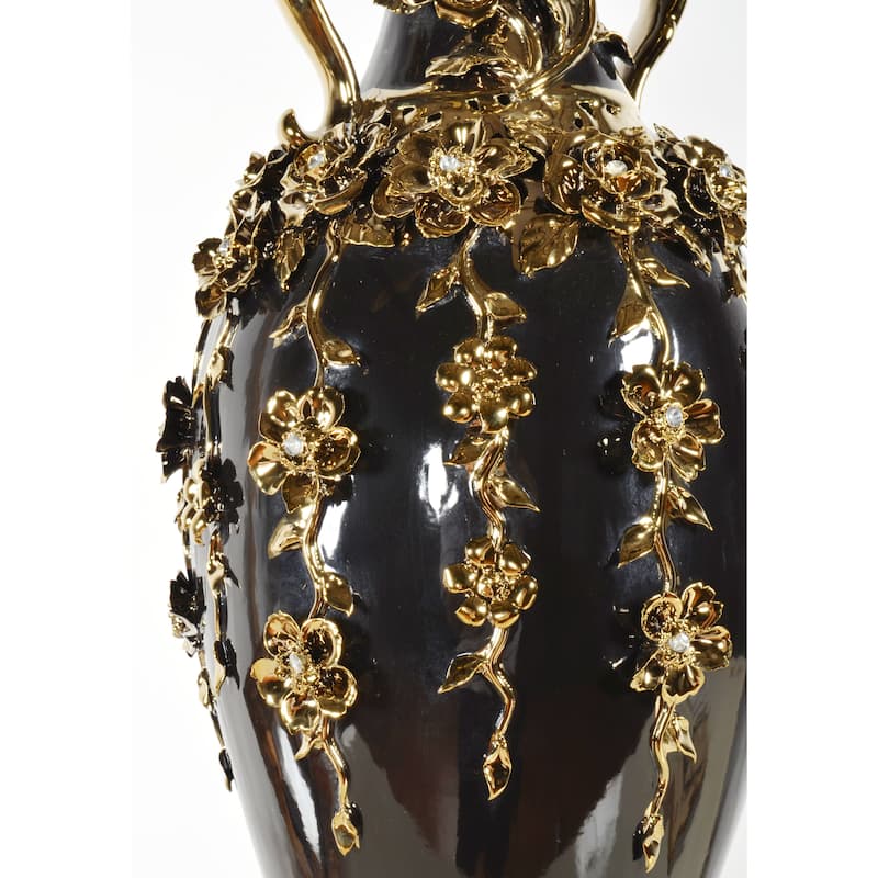 Black and Gold Floret Jeweled Stunning Vase 35 Inches Tall