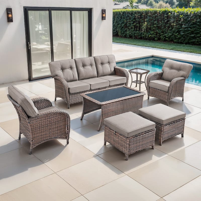 TWrap 7-Piece Patio Brown Wicker Sofa Conversation Set with 5-Inch Thick Cushions