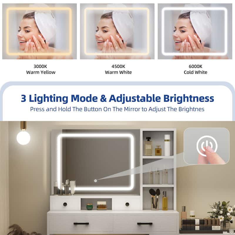 Moasis 64.9'' Makeup Vanity Desk Set with Drawers Storage Dresser & LED Lighted Mirror
