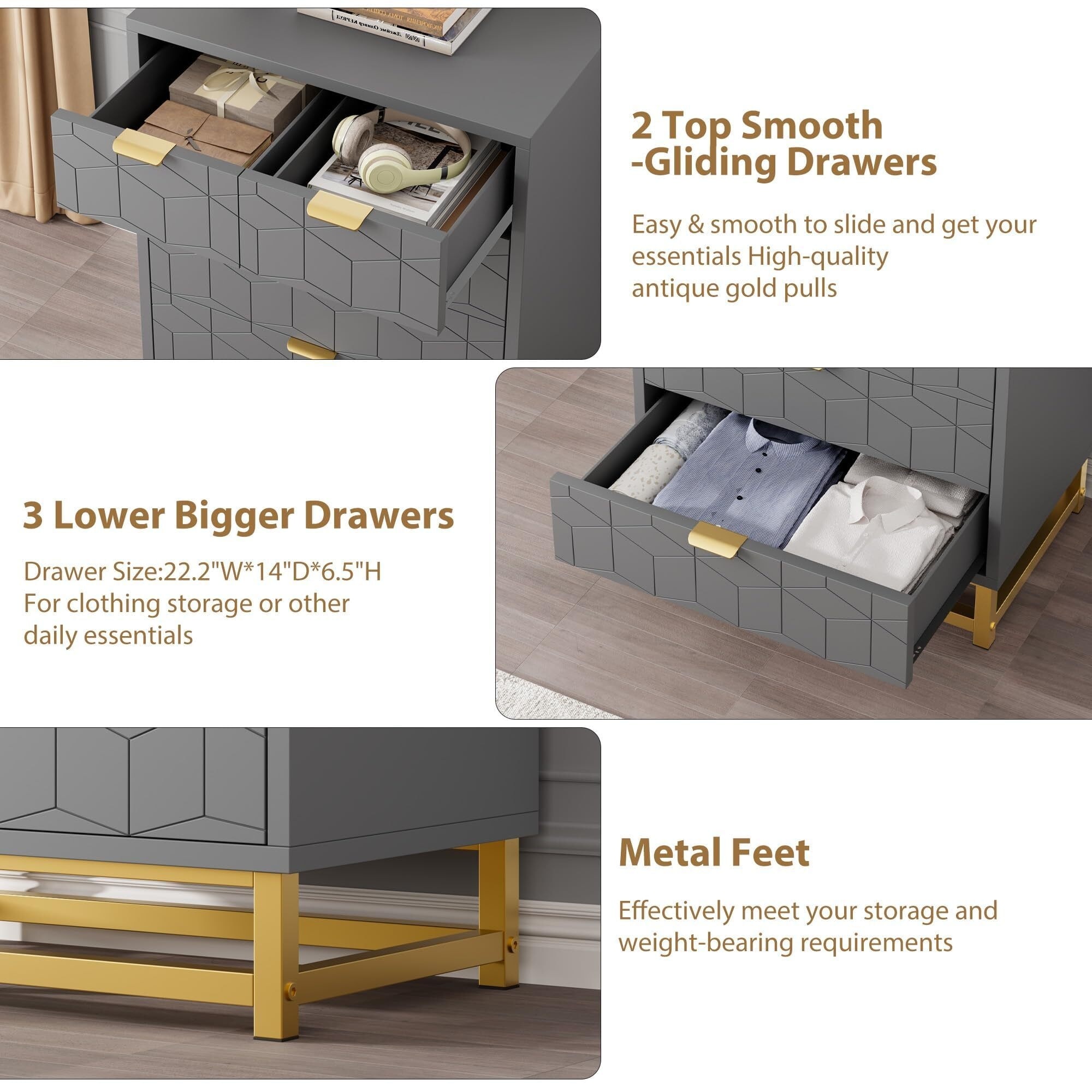 5 Drawer Dresser, with Metal Legs and Gold Handles - Overstock - 43293436 5 Drawer Dresser, with Metal Legs and Gold Handles - Overstock - 43293436