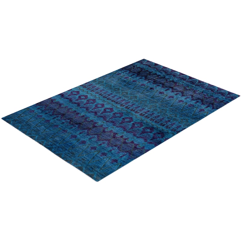 Overton Hand Knotted Wool Vintage Inspired Modern Contemporary Overdyed Blue Area Rug - 6' 0" x 8' 10"