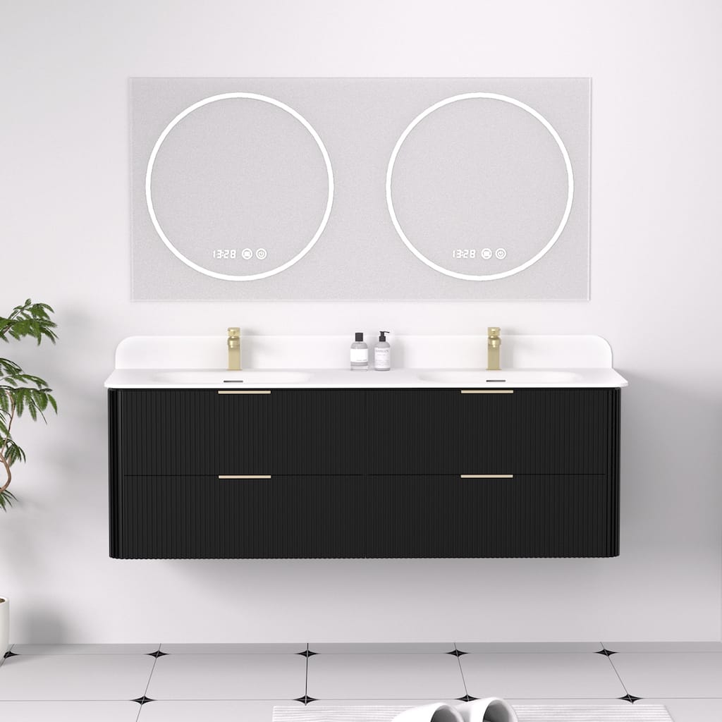 60" Floating Bathroom Vanity with Integrated countertop Rectangulare Sink Solid Wood - 60 inch