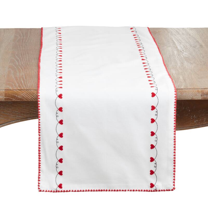 Classic Printed Heart Border Table Runner - Non-Reversible Cotton Dining Table Runner, 16"x72" - 16"x72" - White/Red