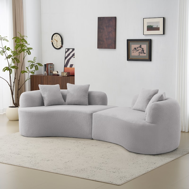 Curved Four Seater Full Compression Sponge Sofa,Teddy Velvet Fabric, No-Assembly Compact Sofa