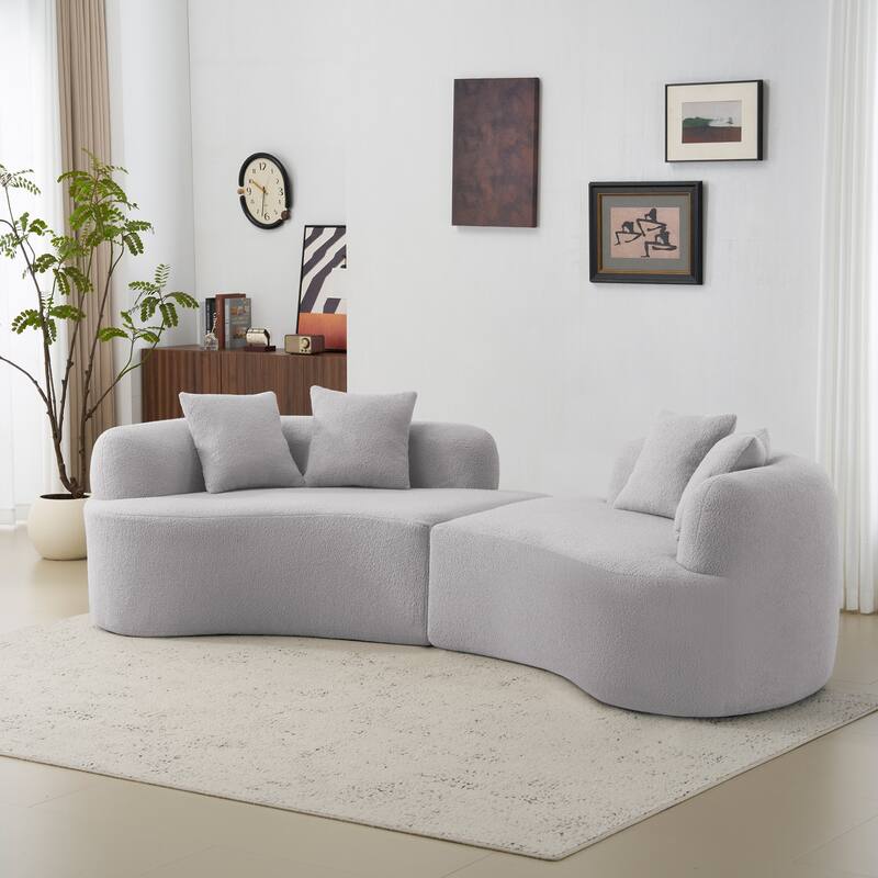 Curved Four Seater Grey Sofa, Teddy Velvet Fabric, No-Assembly for Small Spaces