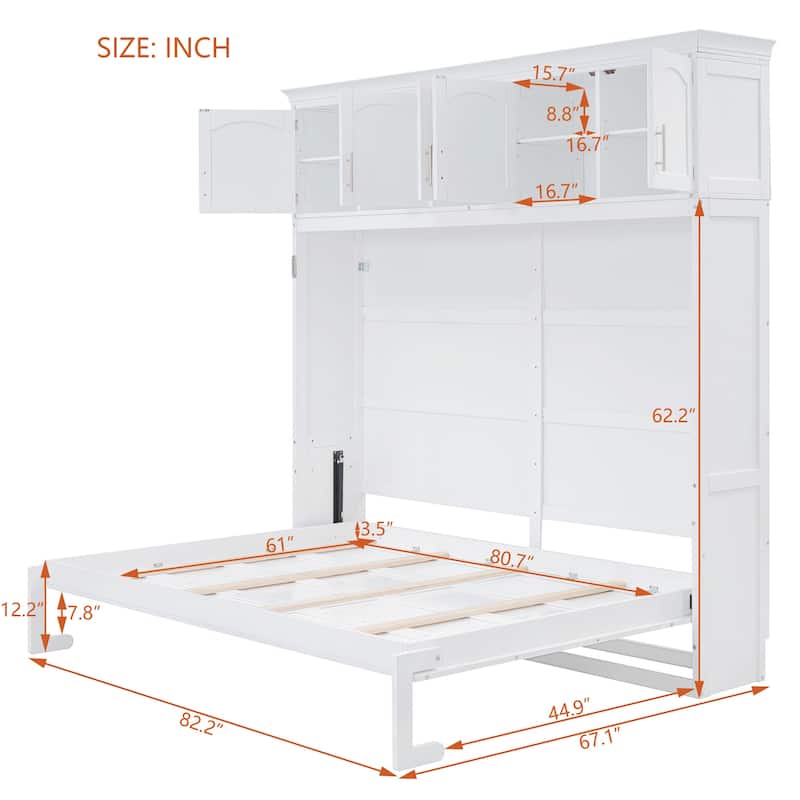 Queen Size Murphy Wall Bed with Top Cabinets, Space Saving Cabinet Bed with Storage, No Box Spring Needed