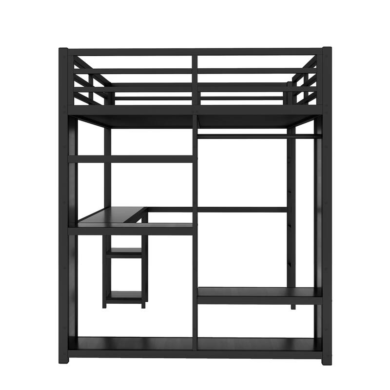Modern Queen Size Metal Loft Bed with Built-in Wardrobe, Desk and Open Shelves, Storage Bed Frame with Guardrails and Stairs