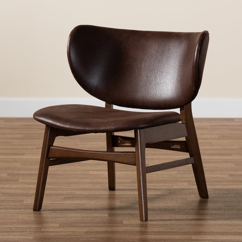 Marcos Mid-Century Modern Dark Brown Faux Leather Effect and Walnut Brown Finished Wood Living Room Accent Chair