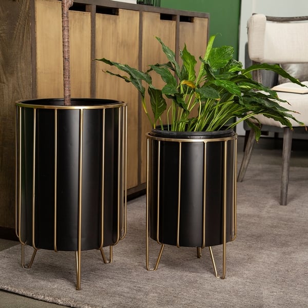 slide 2 of 6, Mercana Pianta Black Metal Insert w/Brass Frame Plant Stands - 12.8L x 12.8W x 20.9H