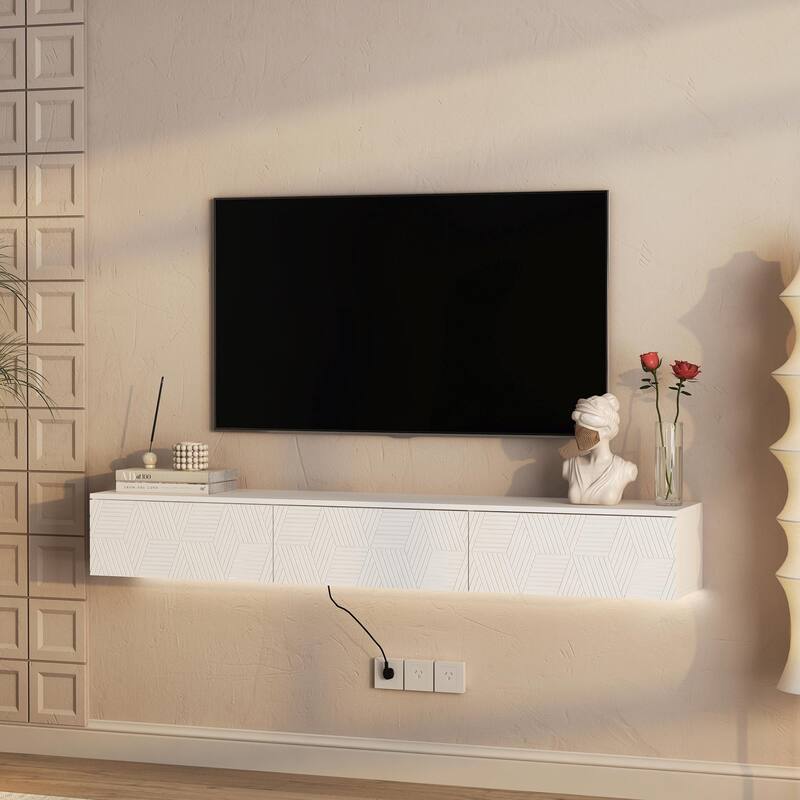 Floating TV Stand Wall Mounted with 16 Color LEDs, 67" Modern TV Stand