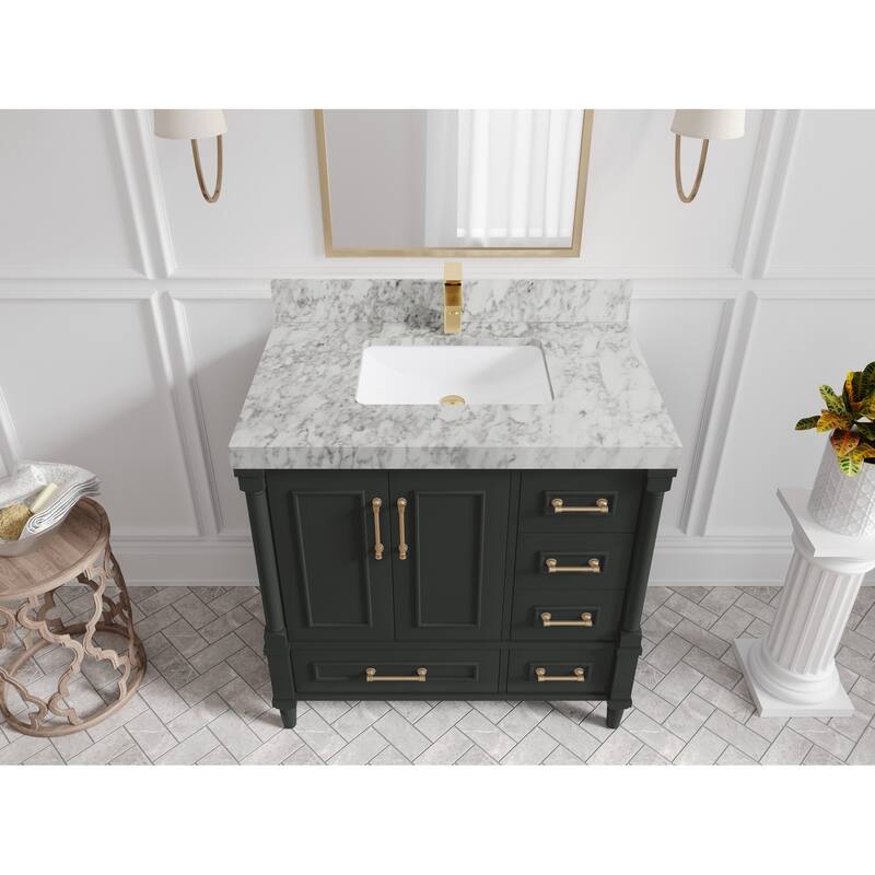 Willow Collections 36 in. W x 22 in. D Aberdeen Center Sink Left Bathroom Vanity with Countertop - 2" Carrara Marble - Black Top