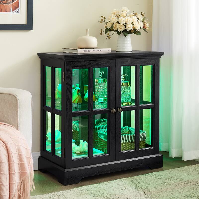 LED Curio Display Cabinet with Grille Doors, Antique Display Cabinet with Adjustable Shelves, Wooden Accent Storage Cabinet