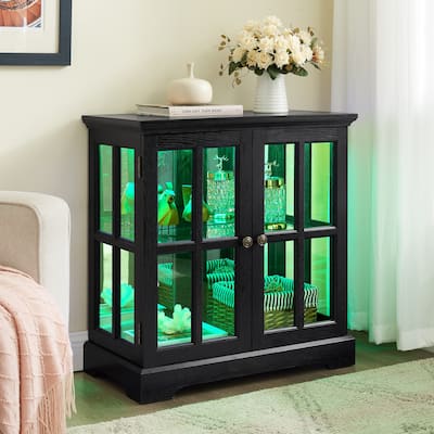 Vintage LED Curio Cabinet – Adjustable Shelves, Glass Lattice Doors & Storage for Home Decor‌
