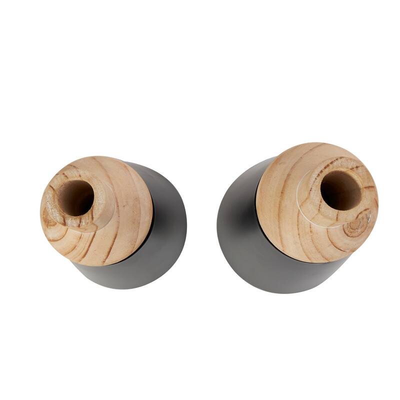 Black Wood Triangular Colorblock Decorative Vase with Light Brown Wood Tops (Set of 2)