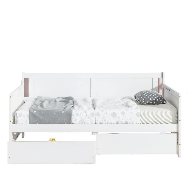 Twin-Size Pine Wood Daybed with Dual Storage Drawers‌ - White