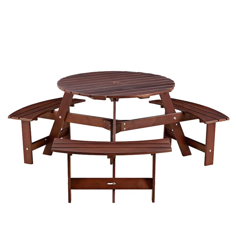 6-Person Round Outdoor Picnic Table with 3 Double Benches - Brown