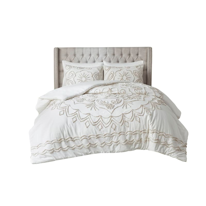 Madison Park Juliana Ivory/ Taupe Tufted Cotton Chenille Duvet Cover Set