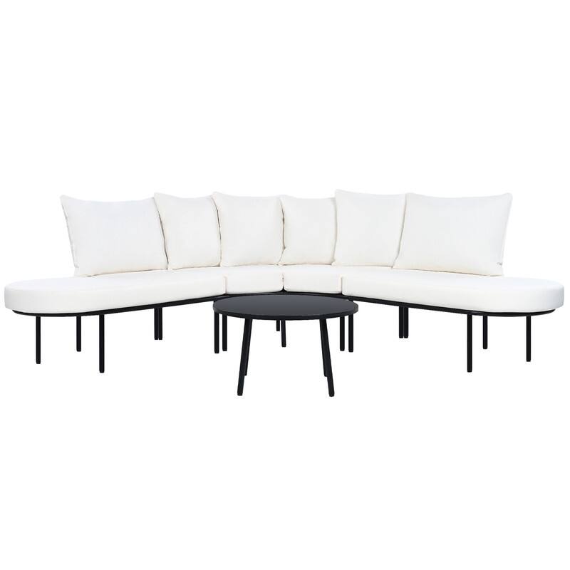 Patio Half-Moon Curved Sectional Sofa Set with Small Coffee Table, All-Weather-Used Iron Frame Outdoor Conversation Set