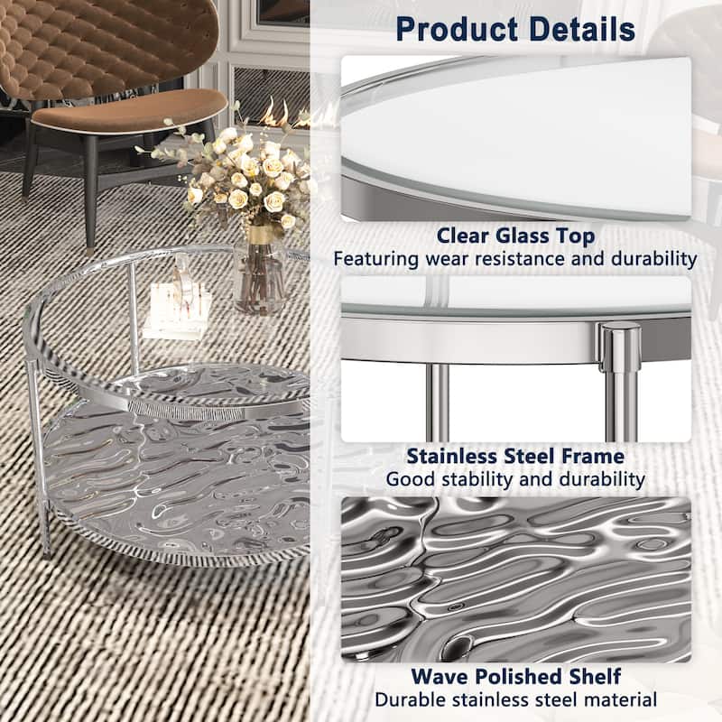 Clihome Stainless Steel Glass Round Coffee Table