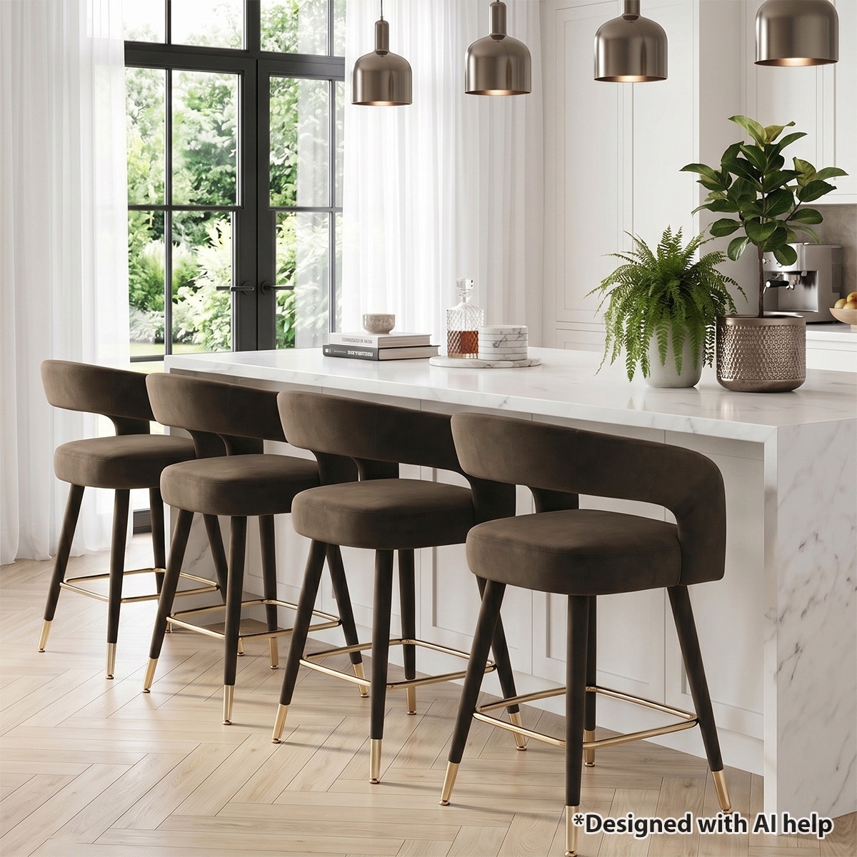 Velvet Counter Height Bar Stools with Gold Footrest(Set of 4)