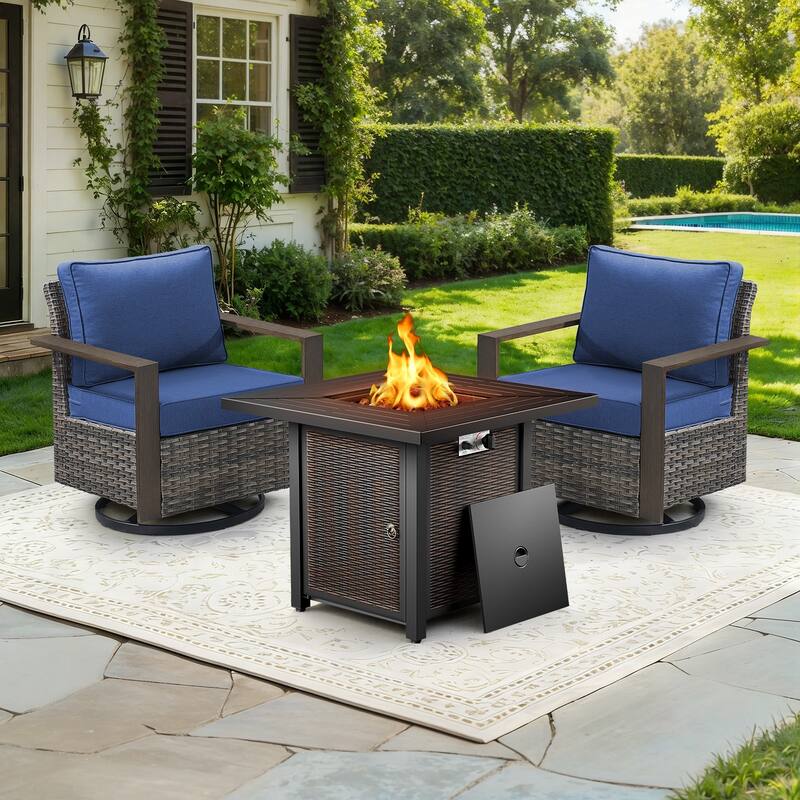 Meyreso 3-Piece Wicker Swivel Glider Metal Fire Pit Set with Plush 4.5" Olefin Cushions