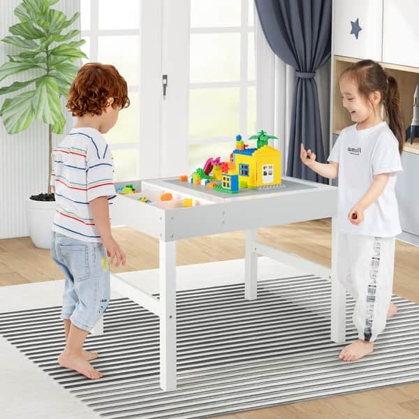 slide 2 of 10, 3 in 1 Wooden Kids Table with Storage and Double-Sided Tabletop-White - 31.5” x 23.5” x 23” White+Gray