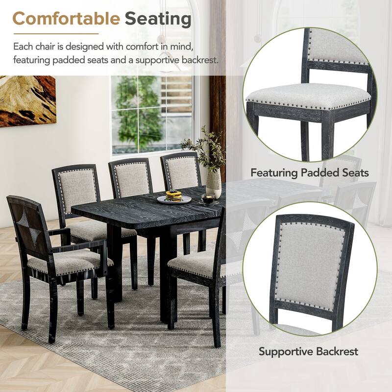 Black+ Gray 7-Piece Wooden Dining Table Set with Extendable Table & 6 Chairs