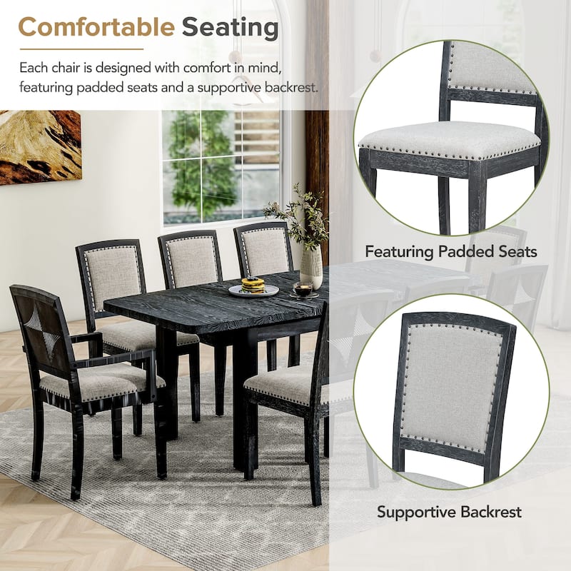 Roomfitters Rustic Extendable 9-Piece Dining Table Set with 24" Leaf, Upholstered Armless and Padded Arm Chairs