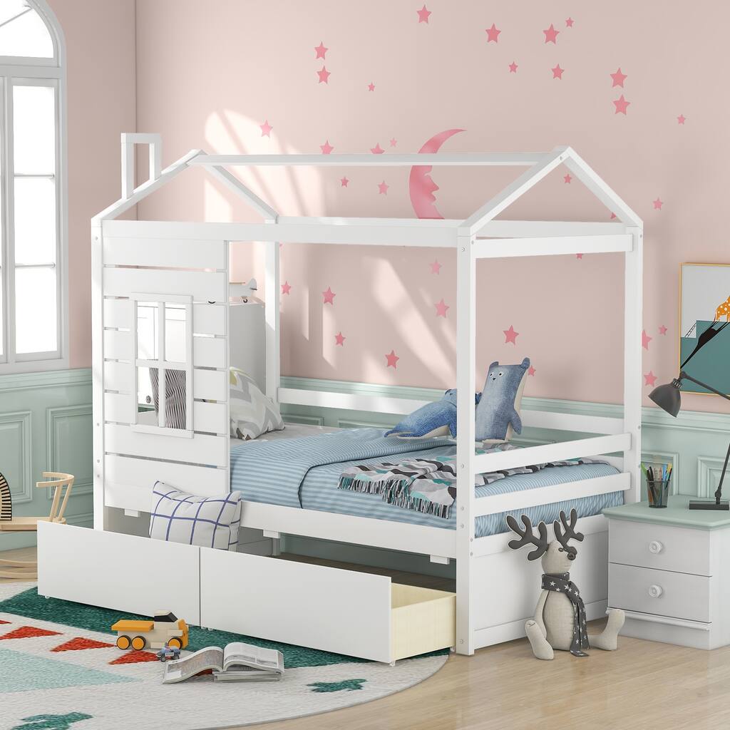 Twin House Bed for Kids with Drawers, Pine Wood Frame, Playhouse-Inspired Design, Storage Space, Easy Assembly