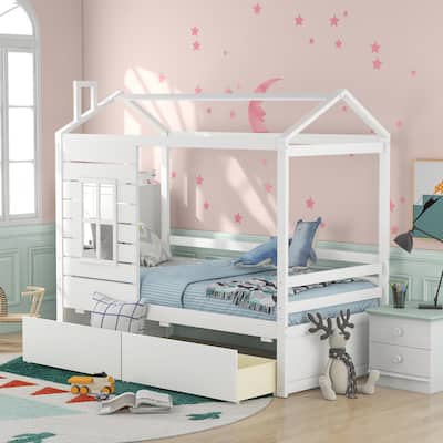 Twin House-Shaped Wooden Bed with Drawers, Kids Bed with Storage and Guardrails