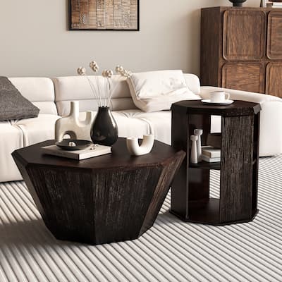 31.5" Octagonal Coffee Table Set of 2, Rubber Wood Center Table and Side Table with Open Storage Shelf for Living Room