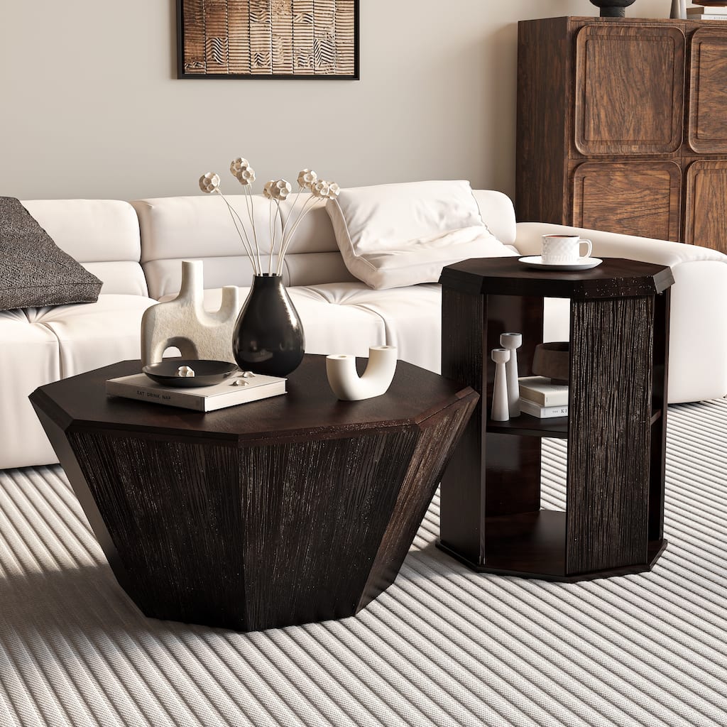 31.5" Octagonal Coffee Table Set of 2, Rubber Wood Center Table and Side Table with Open Storage Shelf for Living Room