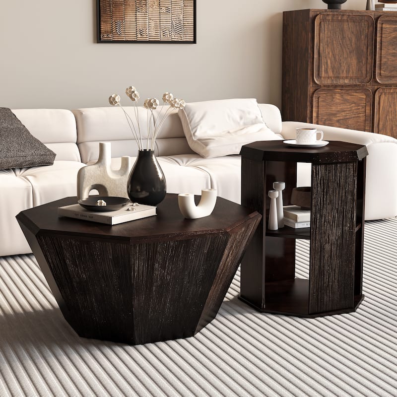 31.5" Octagonal Rubber wood Coffee Tables (Set of 2 Pieces) - Walnut